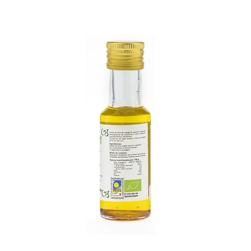 Aceite de Oliva Virgen Extra con Azafrán Ecológico. Botella 100ml. (Blancas, Teruel)