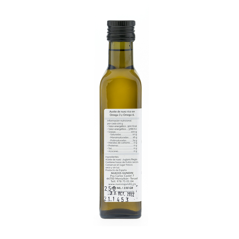 Aceite de nuez virgen extra. Botella 250 ml. RC. (Montalbán. Teruel)