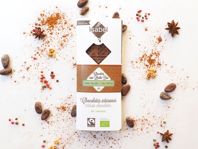 Tableta chocolate con leche quinoa crujiente y cinco especias 80gr Bio (Alcorisa, Teruel)